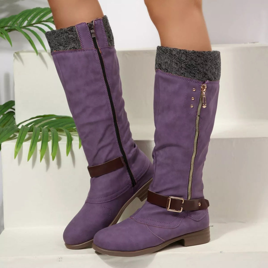 Round Toe Block Heels Boots Purple / 36 Apparel and Accessories