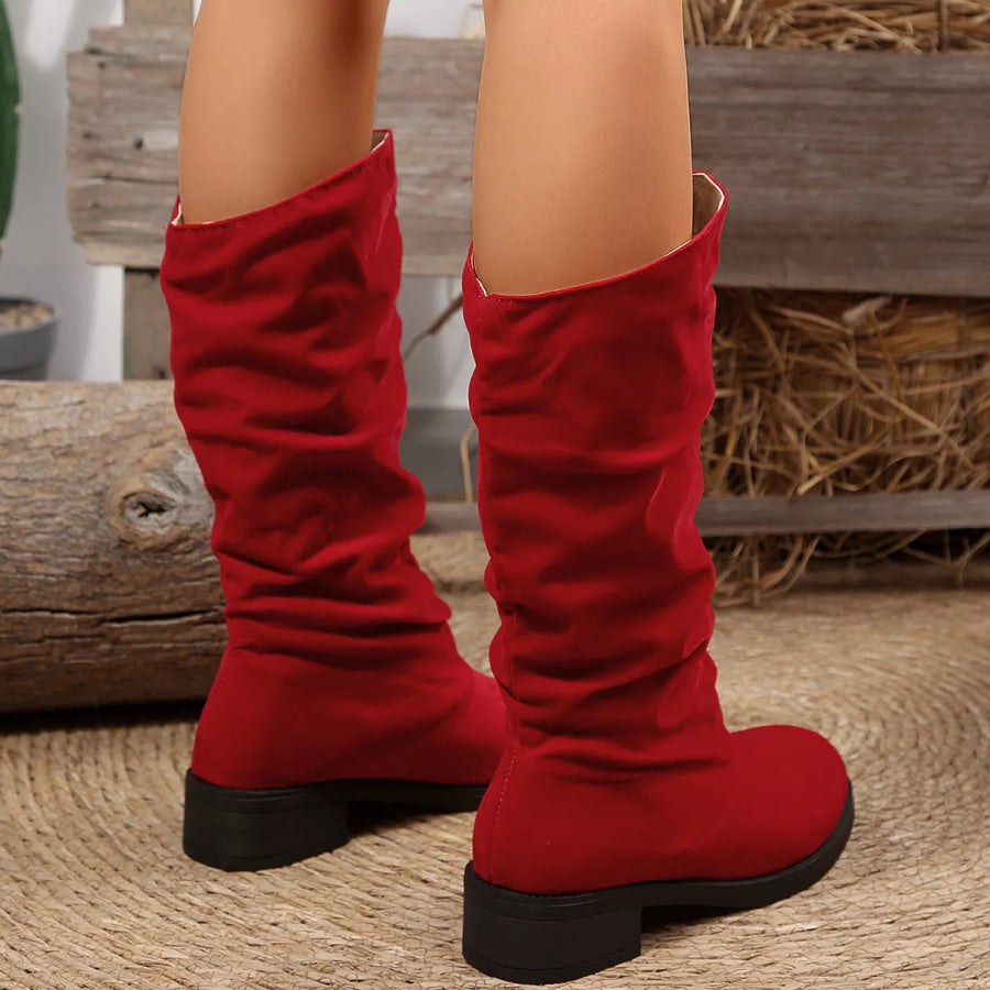 Round Toe Block Heels Boots Red / 35 Apparel and Accessories