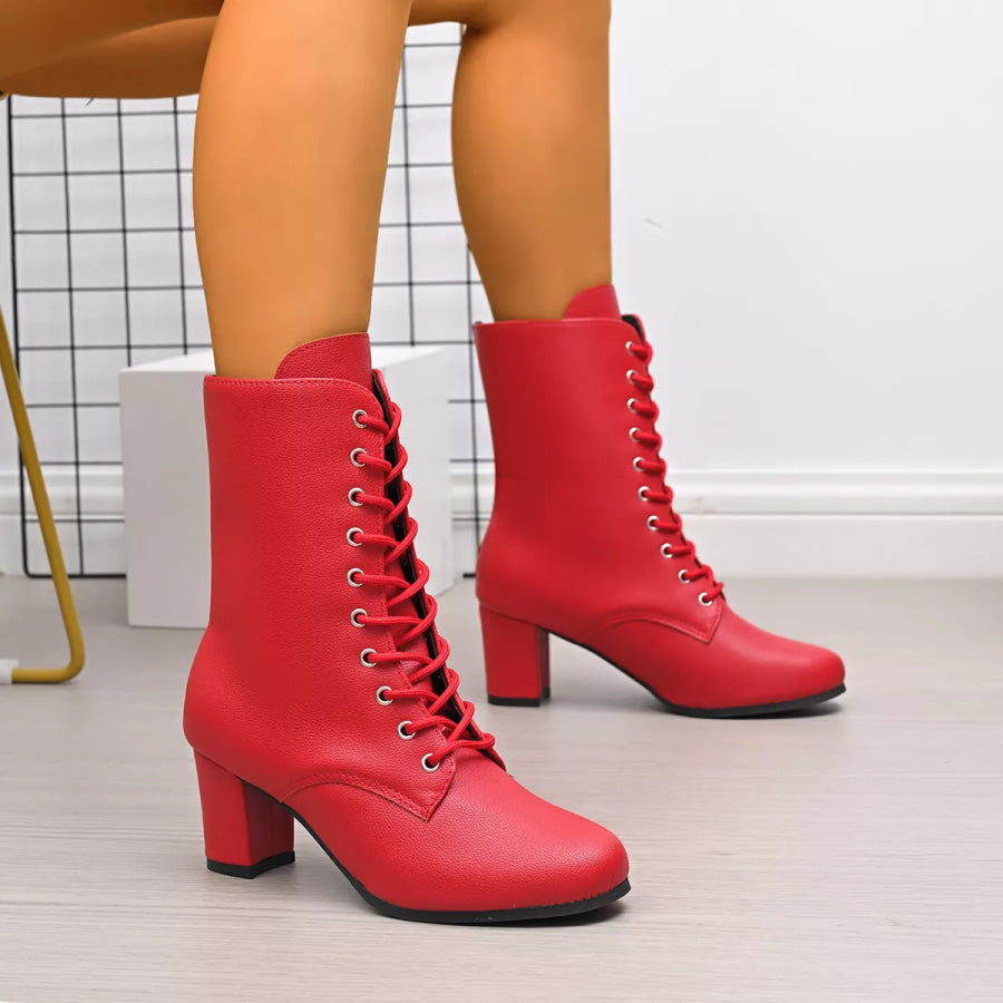 Round Toe Block Heels Boots Red / 35 Apparel and Accessories