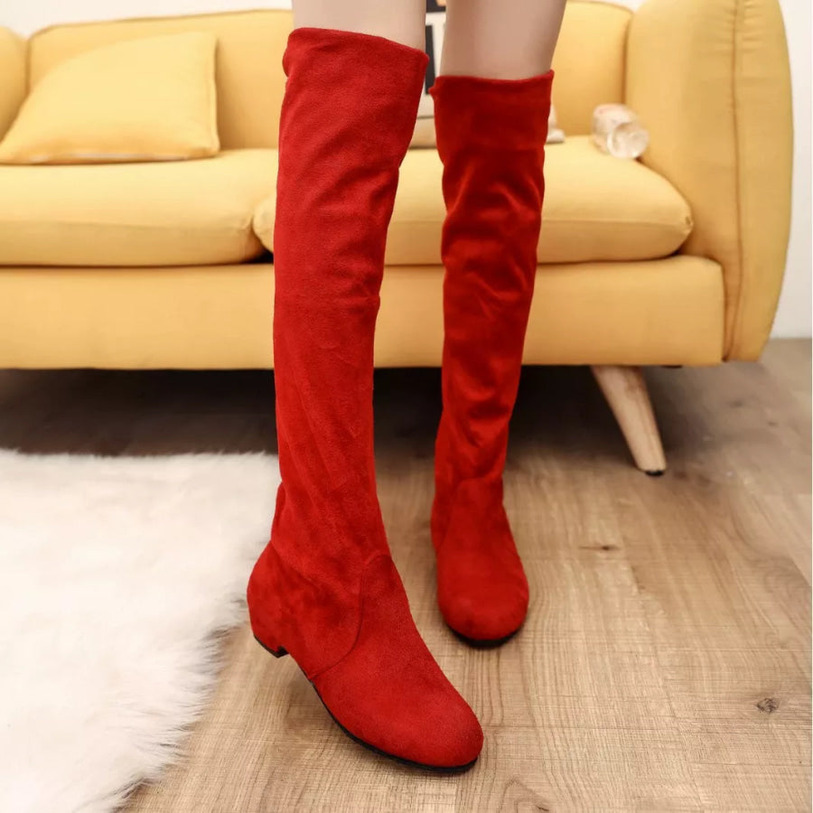 Round Toe Block Heels Boots Red / 35 Apparel and Accessories