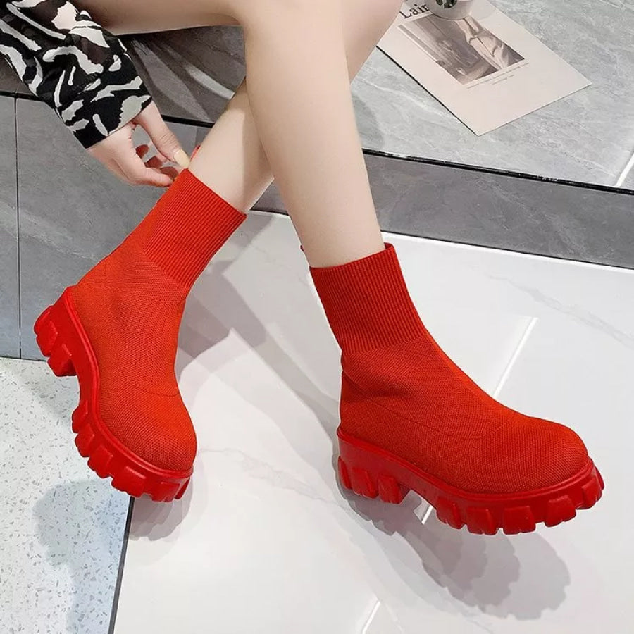 Round Toe Block Heels Boots Red / 35 Apparel and Accessories
