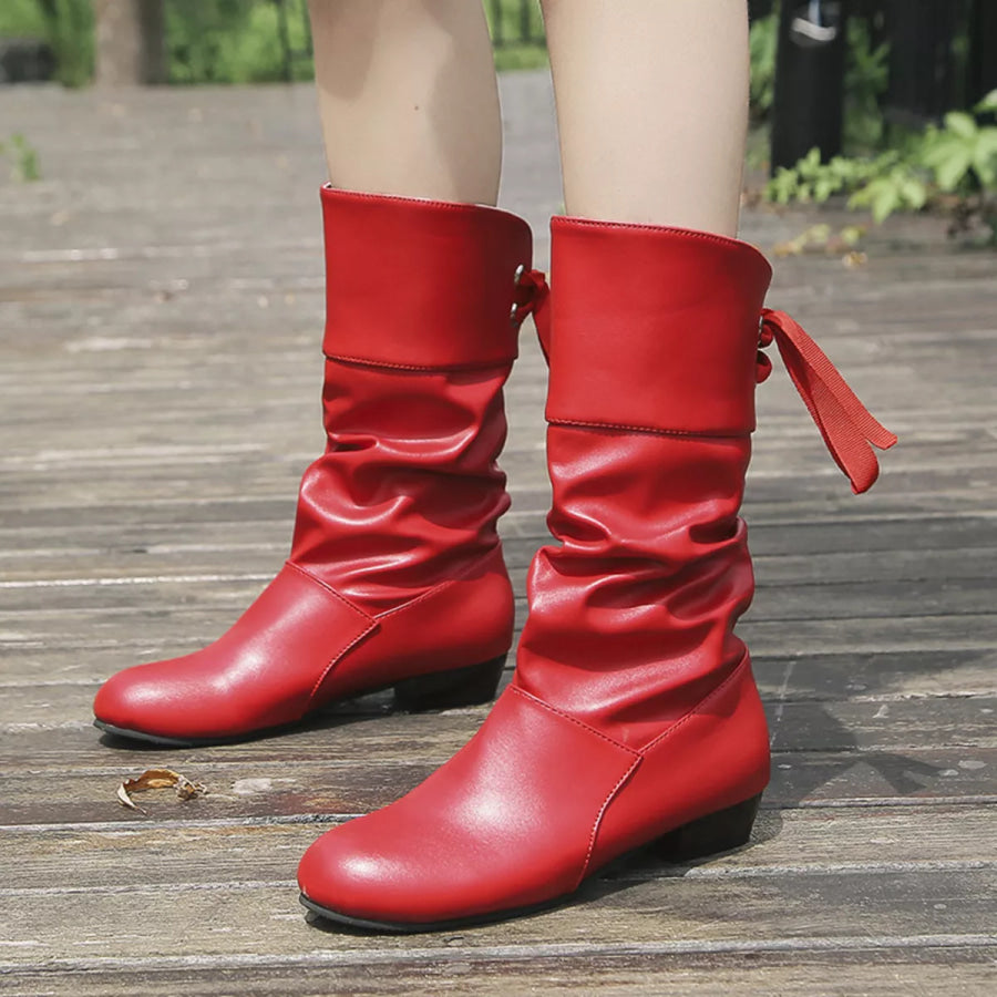 Round Toe Block Heels Boots Red / 35 Apparel and Accessories