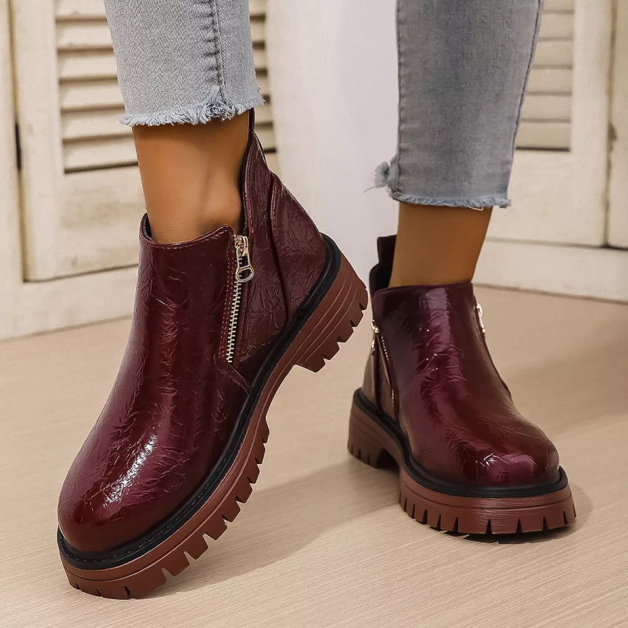 Round Toe Block Heels Boots Red / 36 Apparel and Accessories