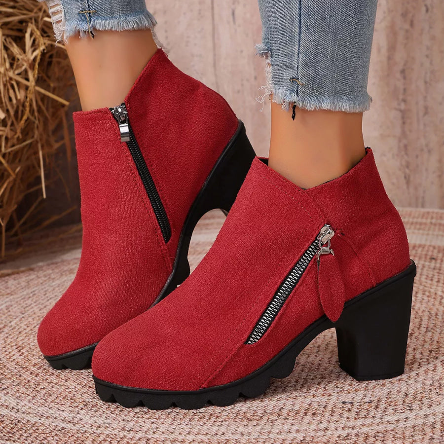 Round Toe Block Heels Boots Red / 36 Apparel and Accessories
