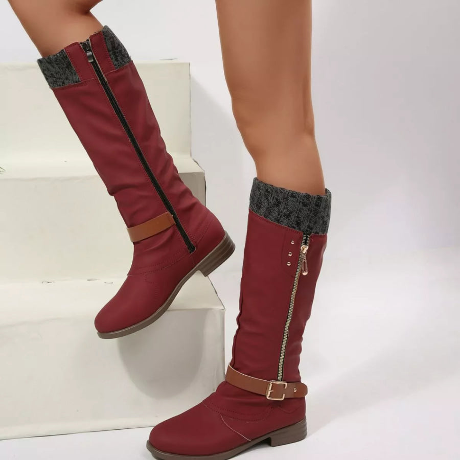 Round Toe Block Heels Boots Red / 36 Apparel and Accessories
