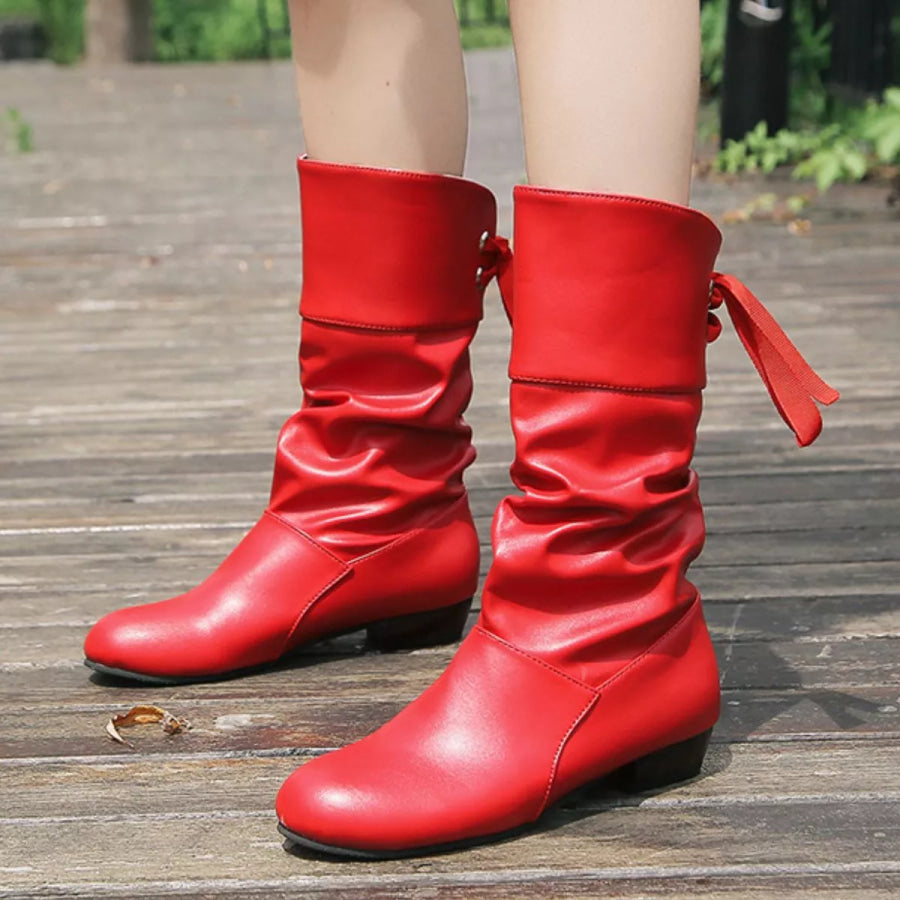 Round Toe Block Heels Boots Red / 36 Apparel and Accessories