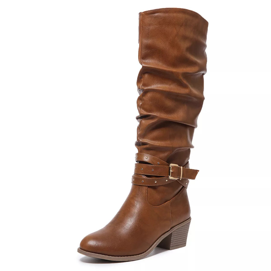 Round Toe Block Heels Boots Style D / 36 Apparel and Accessories
