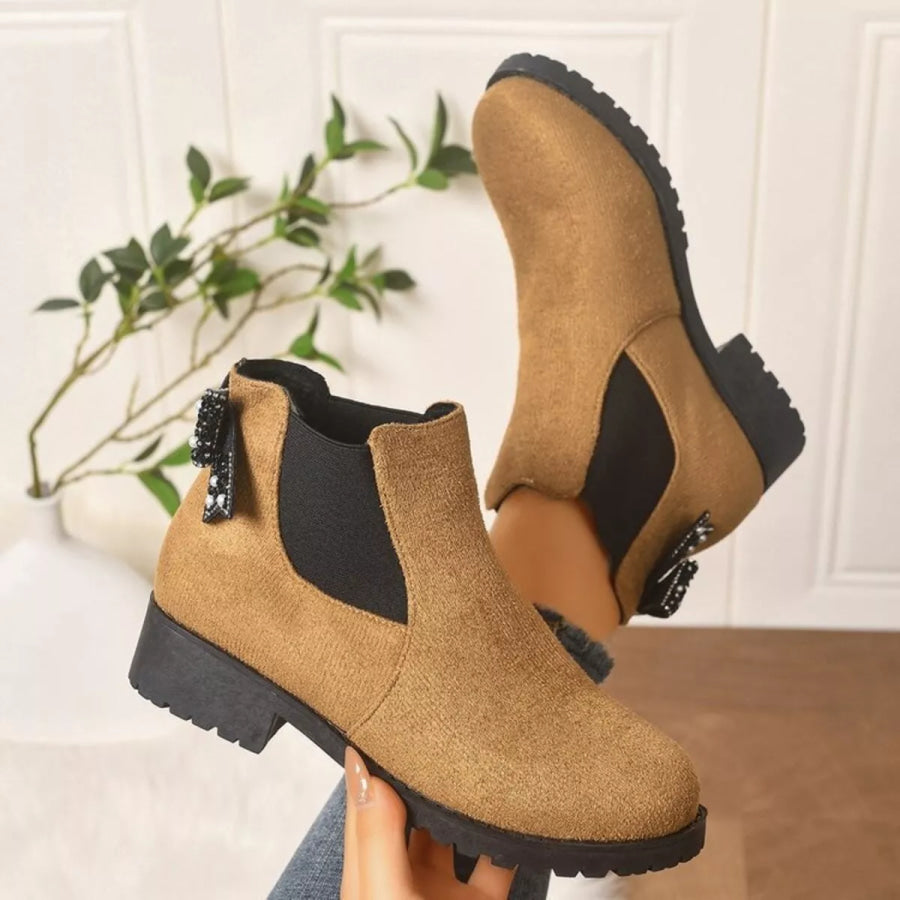 Round Toe Block Heels Boots Tan / 36 Apparel and Accessories