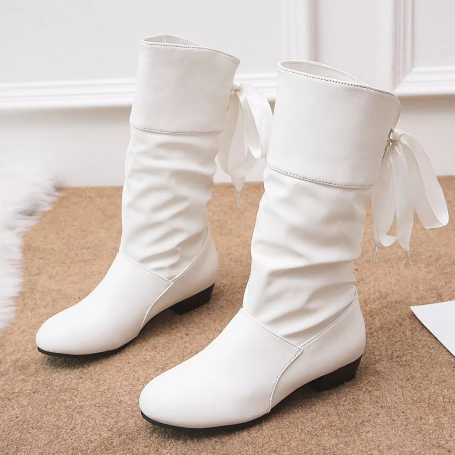 Round Toe Block Heels Boots White / 35 Apparel and Accessories