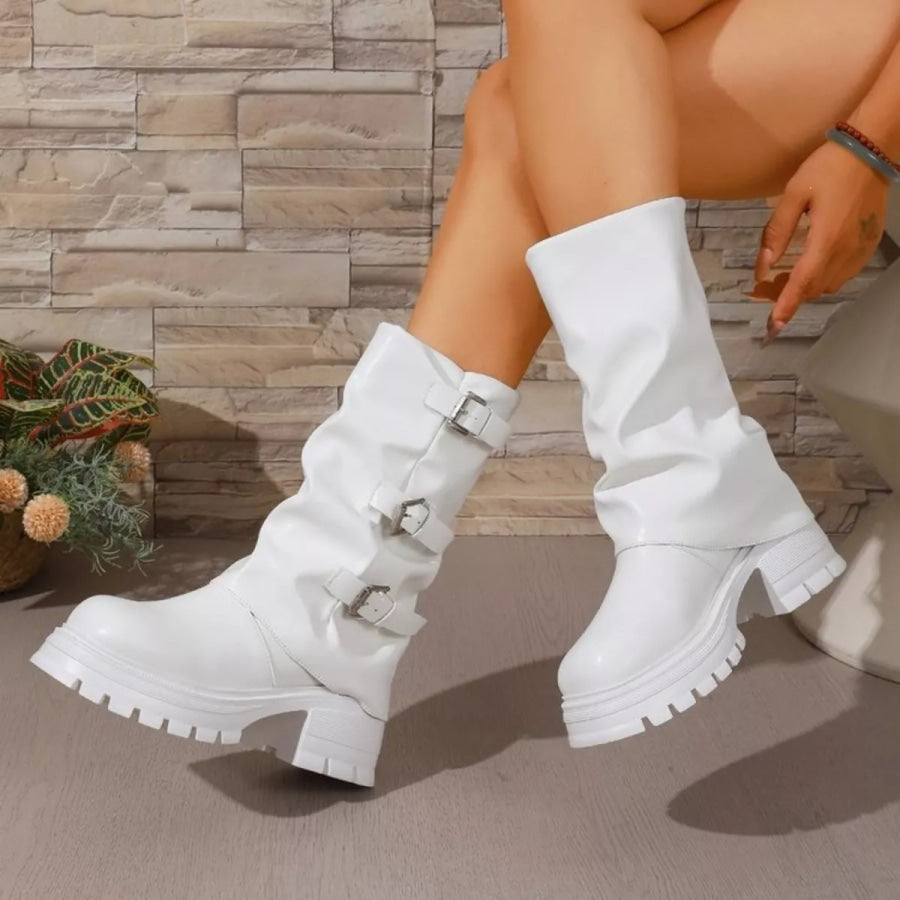 Round Toe Block Heels Boots White / 35 Apparel and Accessories