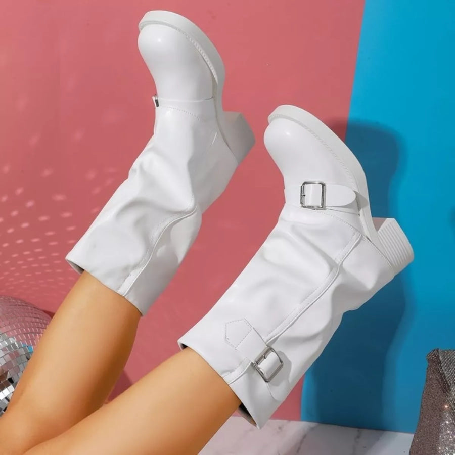 Round Toe Block Heels Boots White / 35 Apparel and Accessories