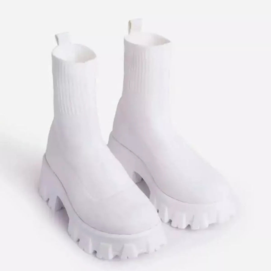 Round Toe Block Heels Boots White / 35 Apparel and Accessories