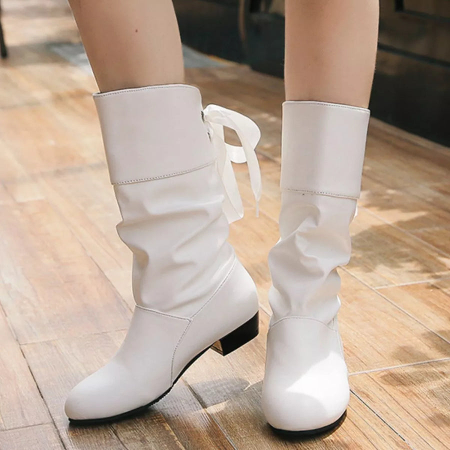 Round Toe Block Heels Boots White / 36 Apparel and Accessories