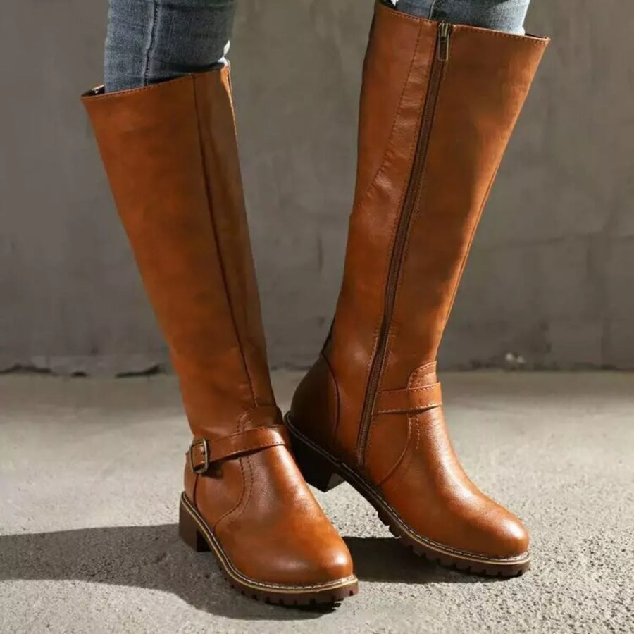 Round Toe Block Heels Boots Yellow Brown / 35 Apparel and Accessories