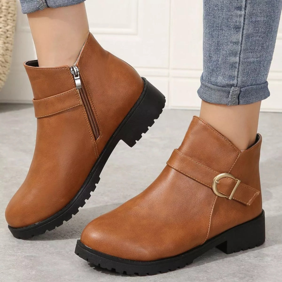 Round Toe Block Heels Boots Yellowish Brown / 36 Apparel and Accessories