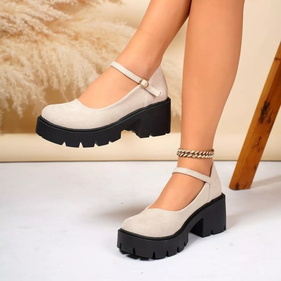 Round Toe Block Heels Loafers Beige / 35 Apparel and Accessories