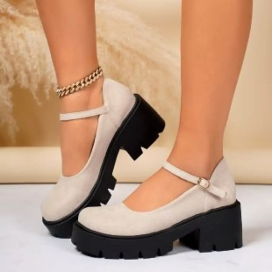 Round Toe Block Heels Loafers Beige / 35 Apparel and Accessories