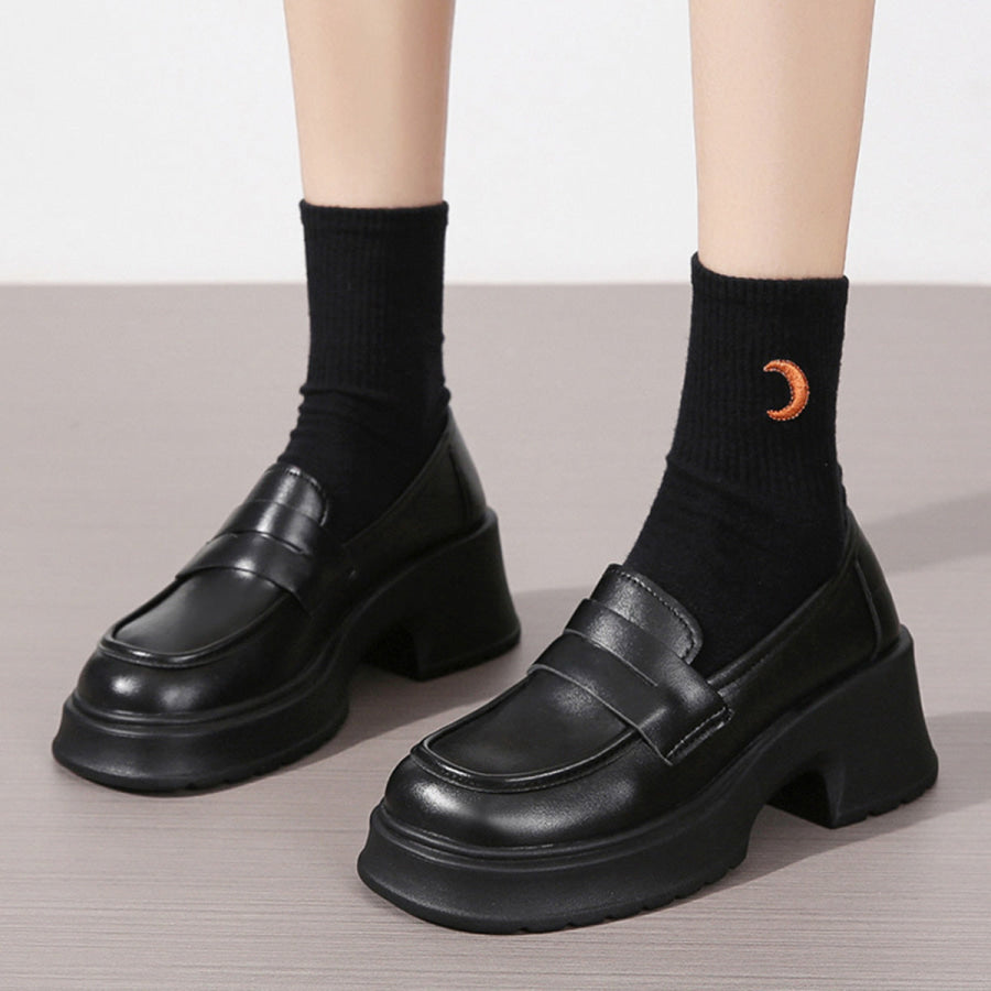 Round Toe Block Heels Loafers Black / 35 Apparel and Accessories