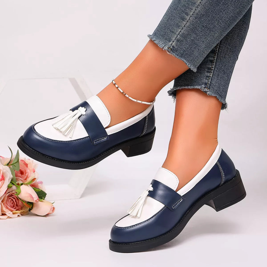 Round Toe Block Heels Loafers Blue / 36 Apparel and Accessories