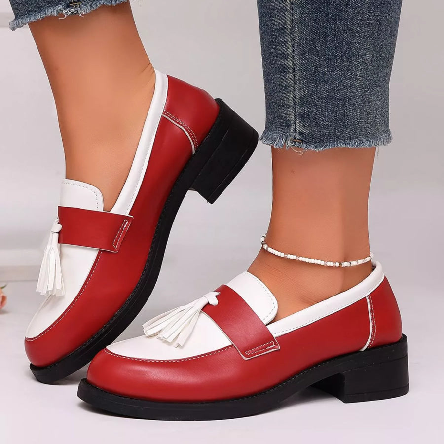 Round Toe Block Heels Loafers Red / 36 Apparel and Accessories