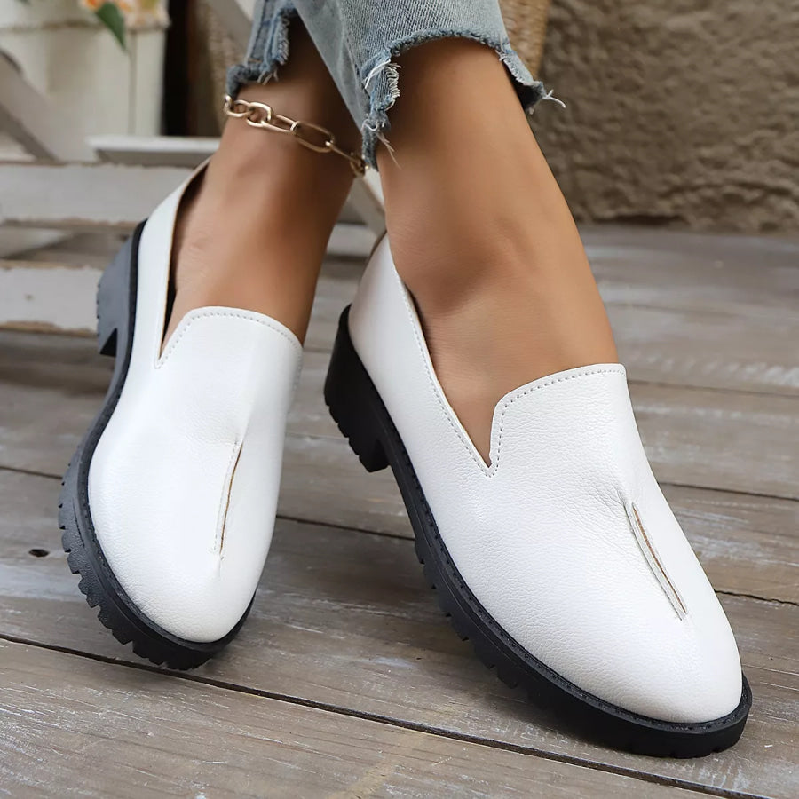 Round Toe Block Heels Loafers White / 36 Apparel and Accessories