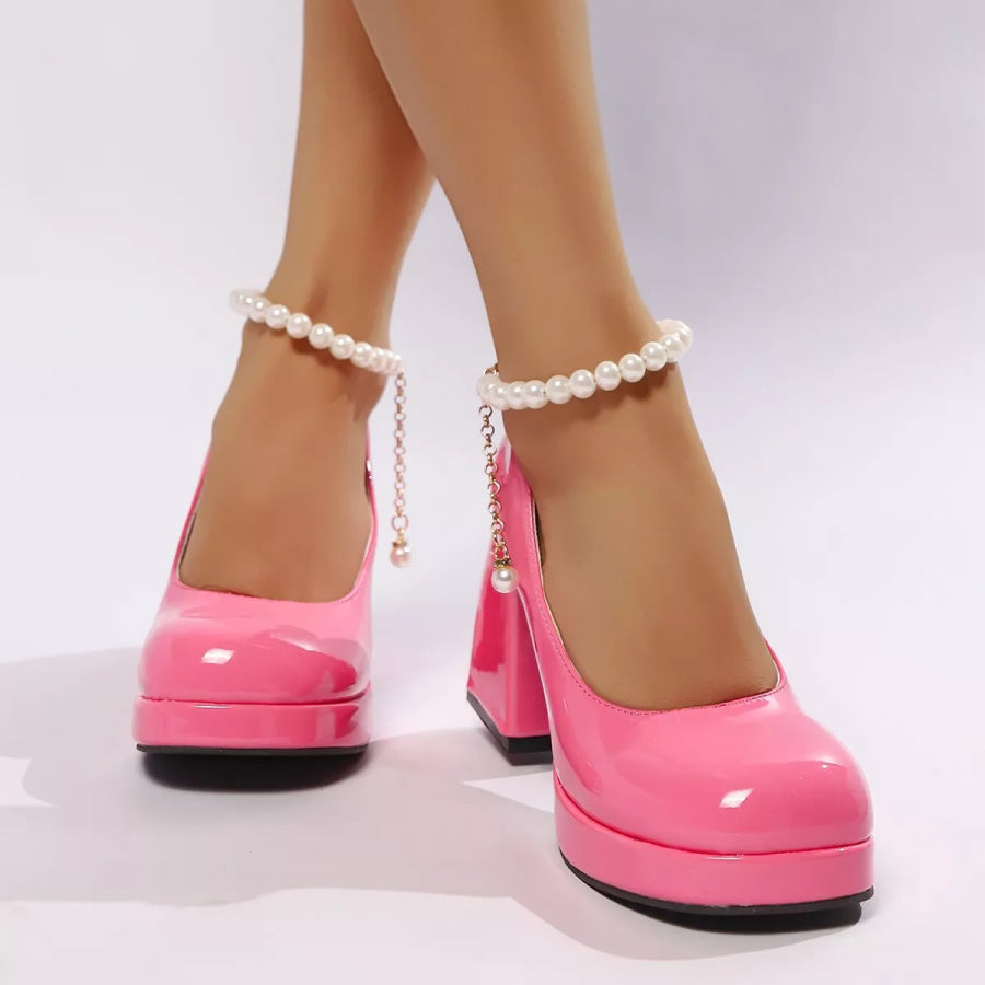 Round Toe Block Heels Pumps Pink / 34 Apparel and Accessories