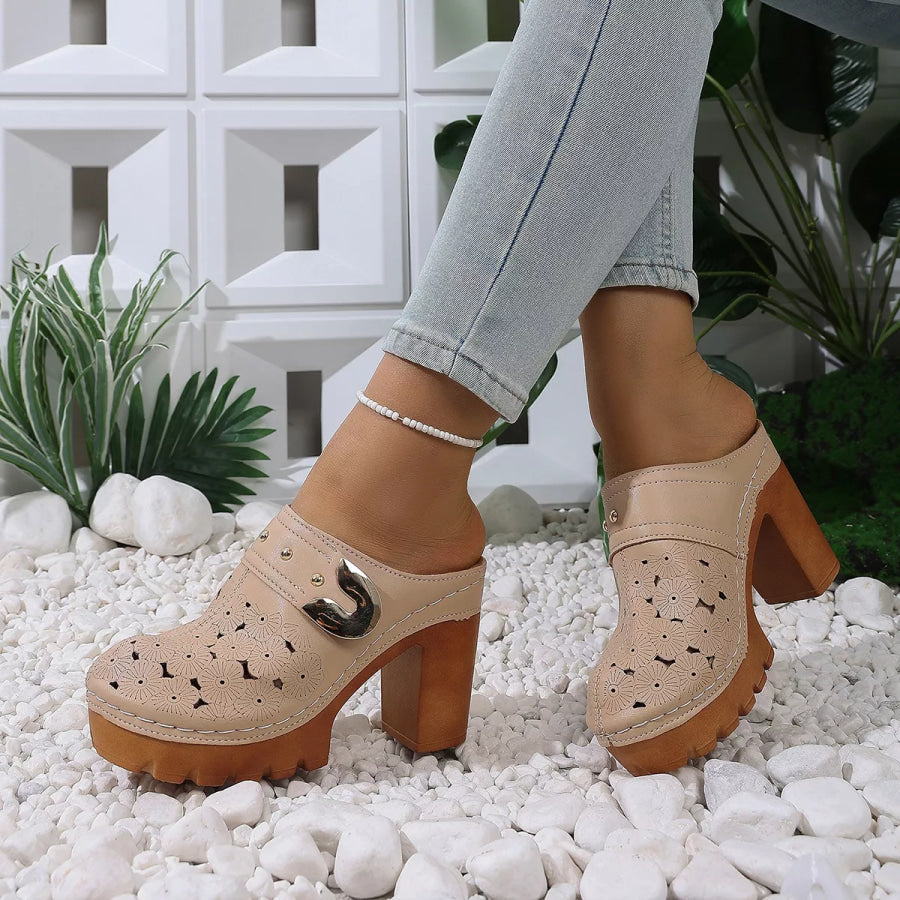 Round Toe Block Heels Sandals Beige / 36 Apparel and Accessories