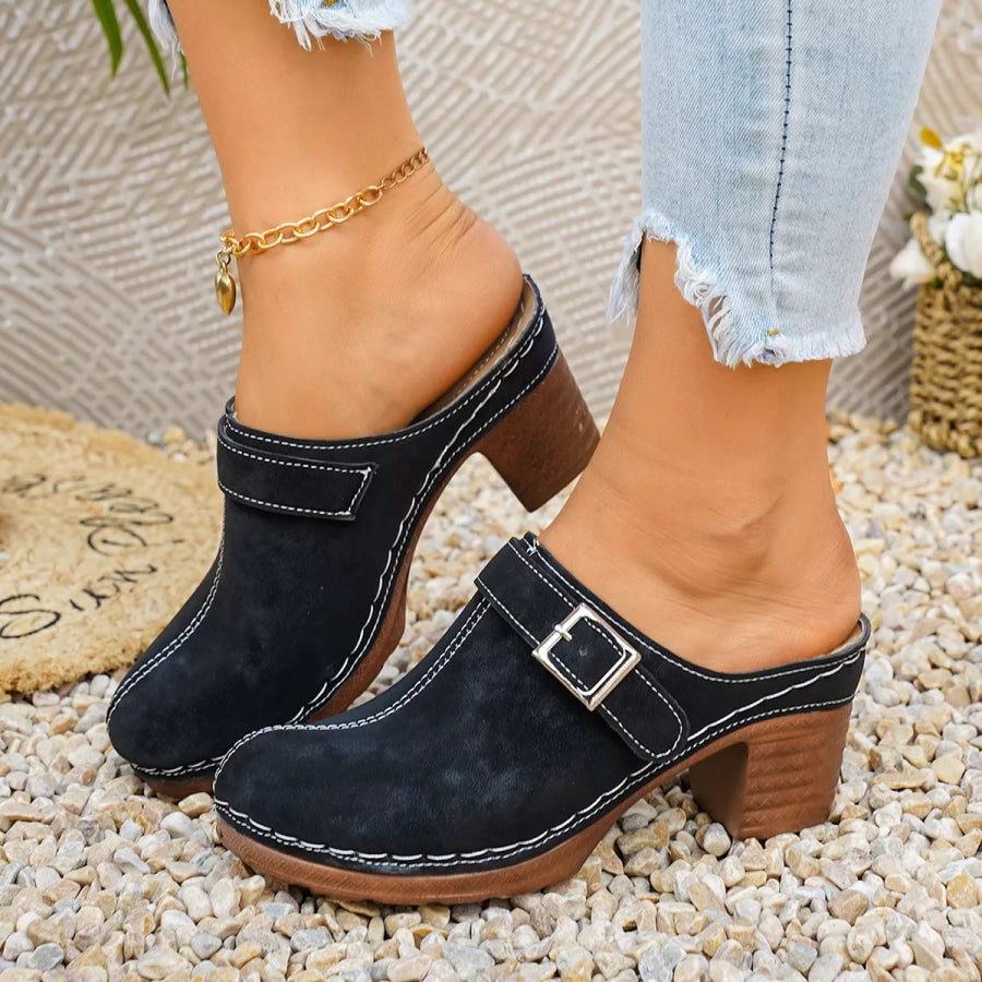 Round Toe Block Heels Sandals Black / 36 Apparel and Accessories
