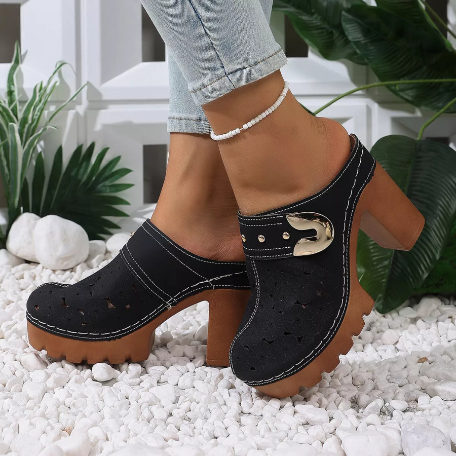 Round Toe Block Heels Sandals Black / 36 Apparel and Accessories