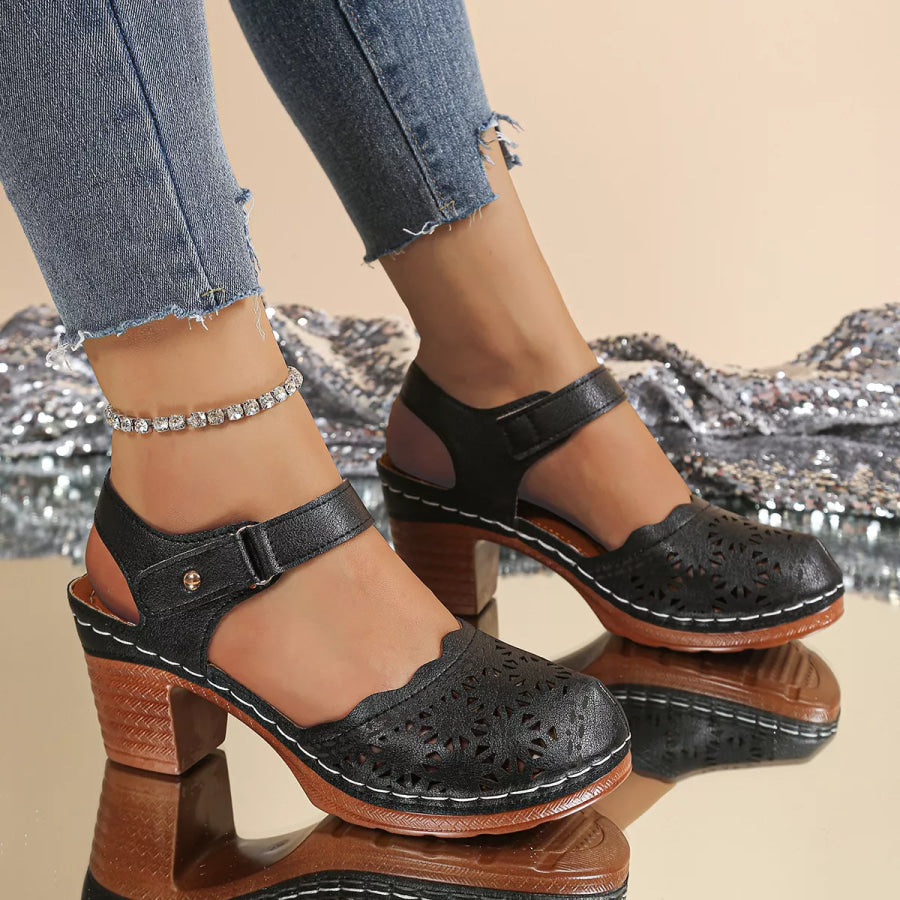 Round Toe Block Heels Sandals Black / 36 Apparel and Accessories