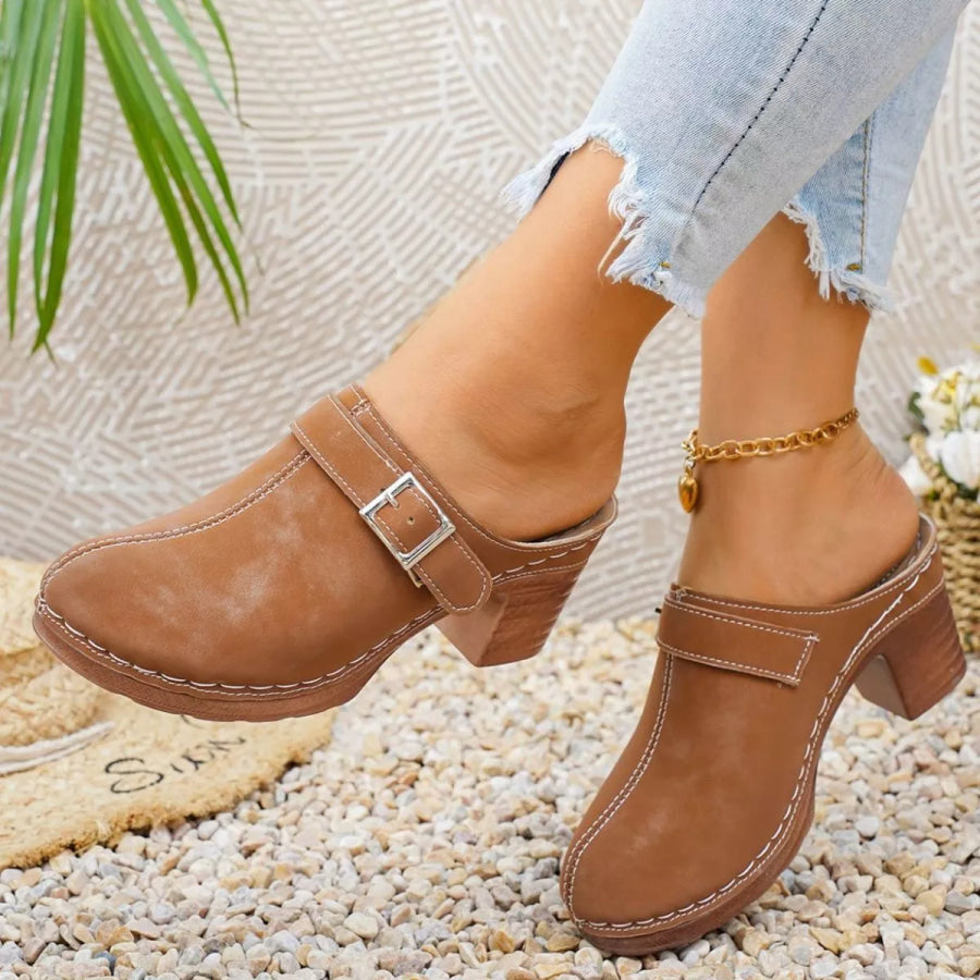 Round Toe Block Heels Sandals Brown / 36 Apparel and Accessories