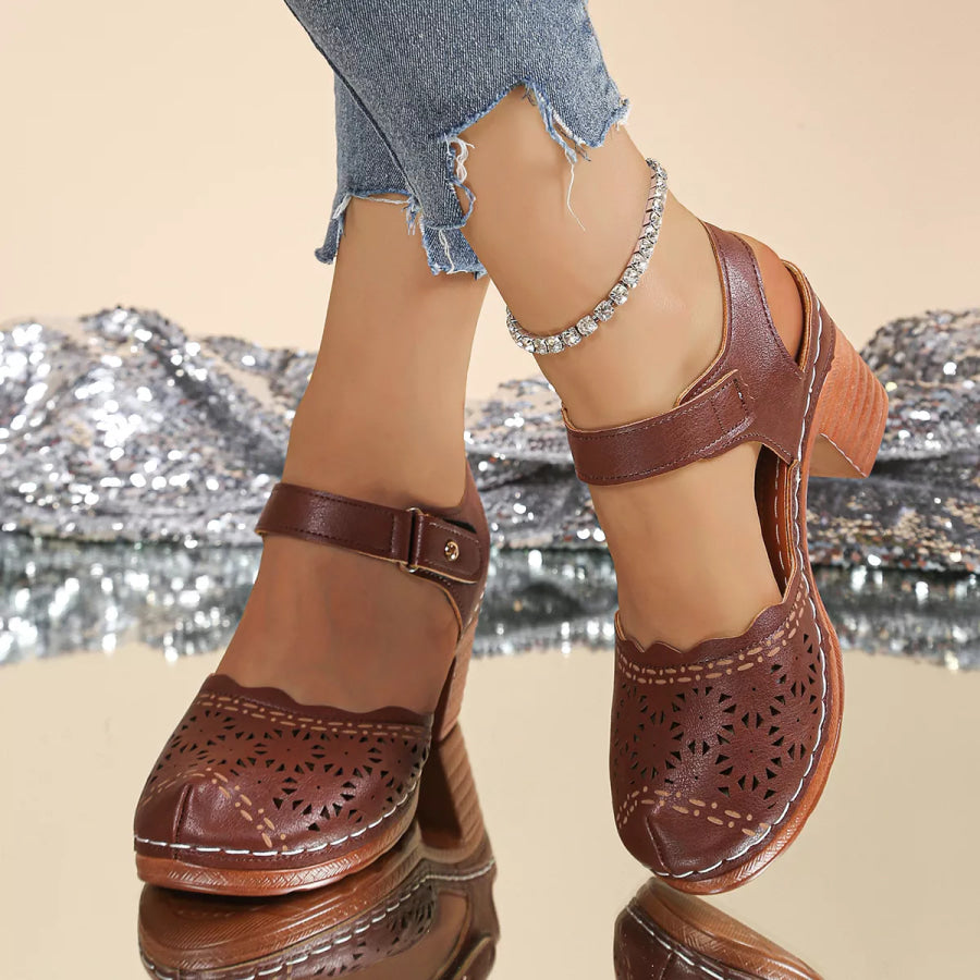 Round Toe Block Heels Sandals Brown / 36 Apparel and Accessories