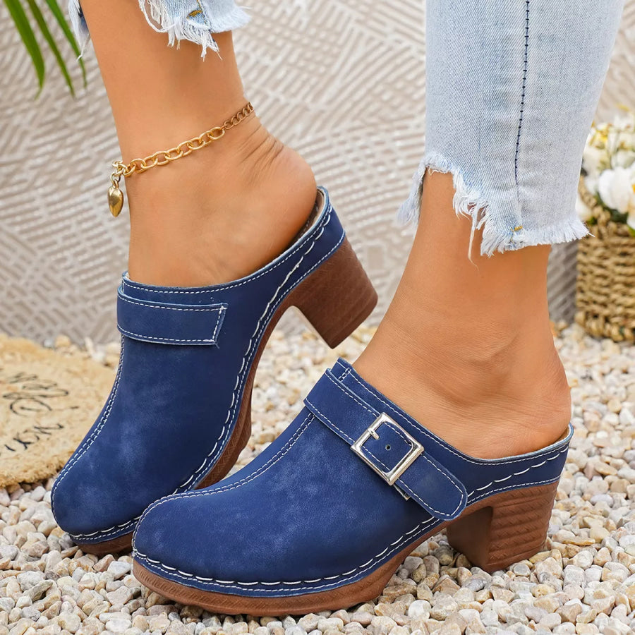 Round Toe Block Heels Sandals Dark Blue / 36 Apparel and Accessories