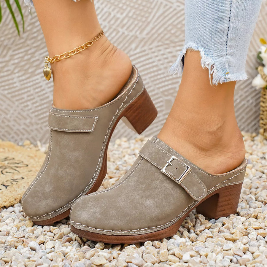 Round Toe Block Heels Sandals Khaki / 36 Apparel and Accessories
