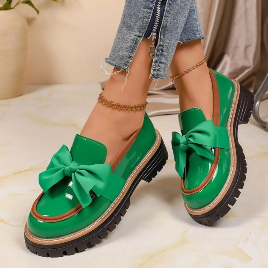 Round Toe Bow Loafers Light Green / 36 Apparel and Accessories