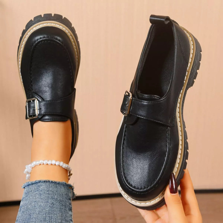 Round Toe Buckle Loafers Black / 36 Apparel and Accessories