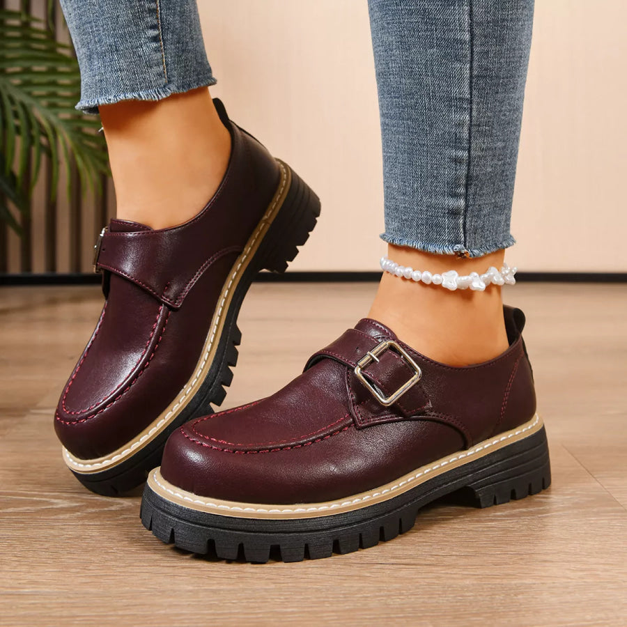 Round Toe Buckle Loafers Wine Red / 36 Apparel and Accessories