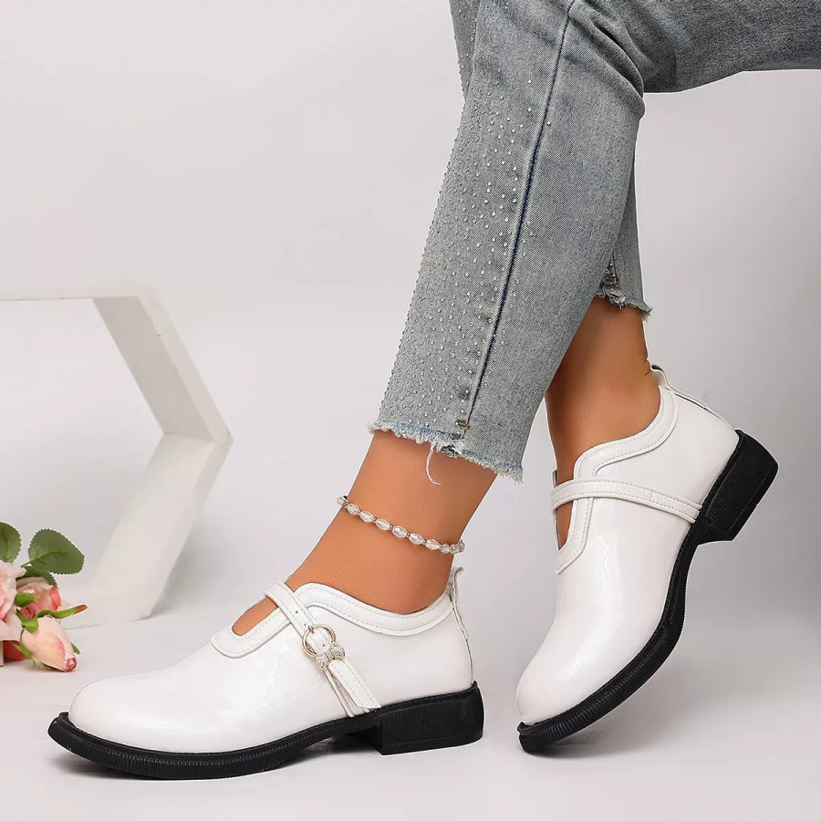 Round Toe Buckle Strap Loafers White / 36 Apparel and Accessories