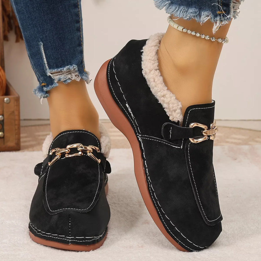 Round Toe Chain Detail Winter Slip-Ons Apparel and Accessories