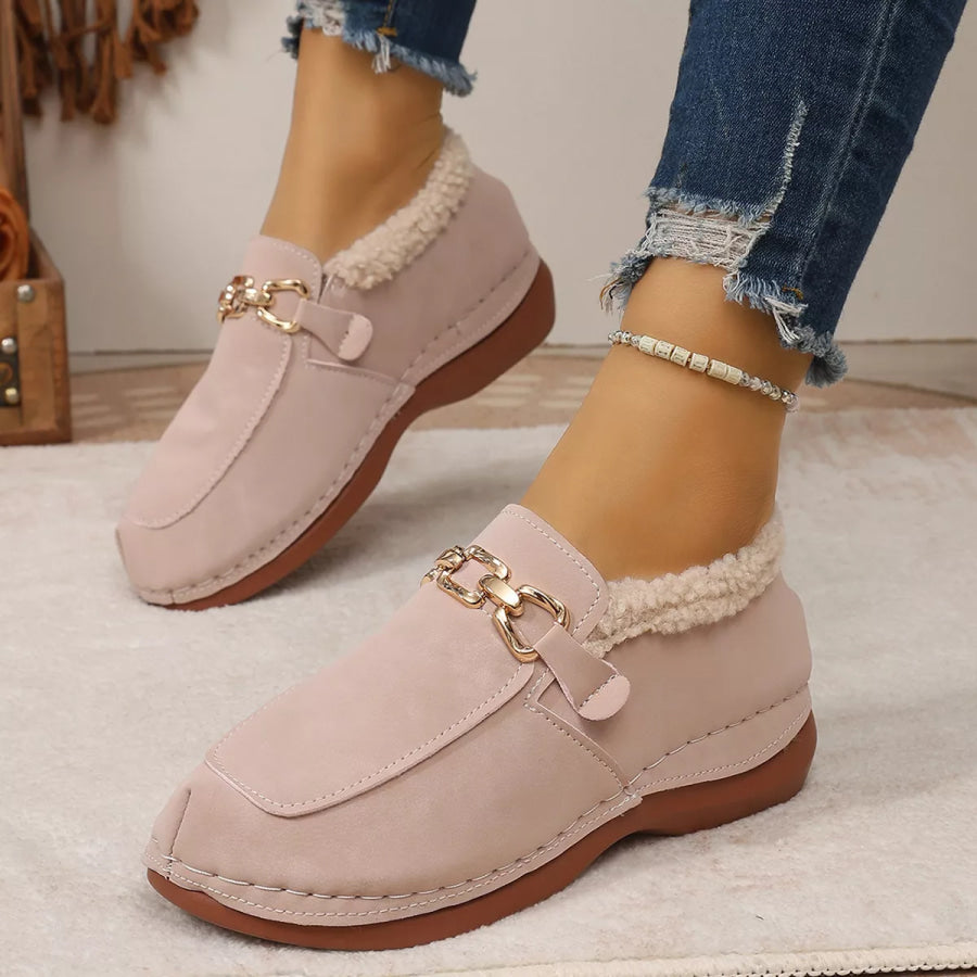 Round Toe Chain Detail Winter Slip-Ons Apparel and Accessories