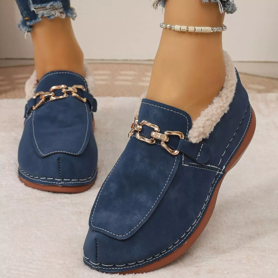 Round Toe Chain Detail Winter Slip-Ons Apparel and Accessories