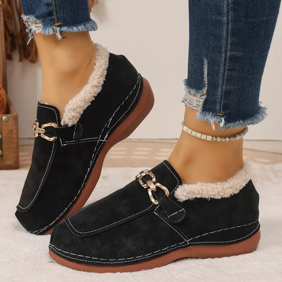 Round Toe Chain Detail Winter Slip-Ons Black / 36 Apparel and Accessories