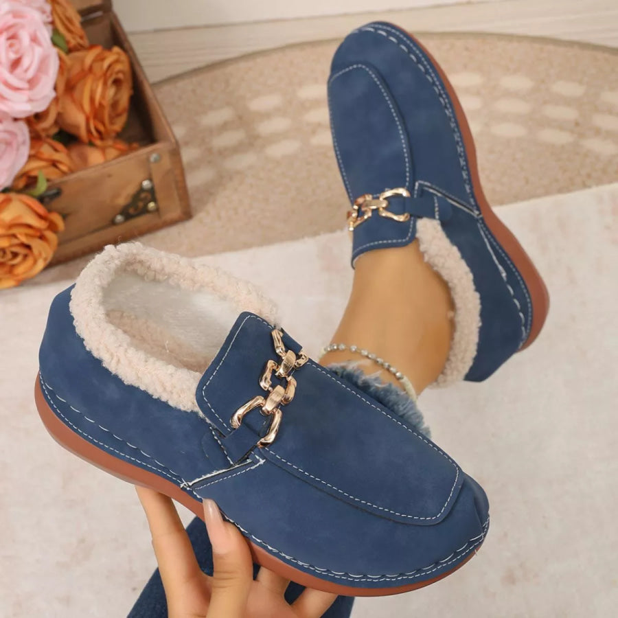 Round Toe Chain Detail Winter Slip-Ons Blue / 36 Apparel and Accessories