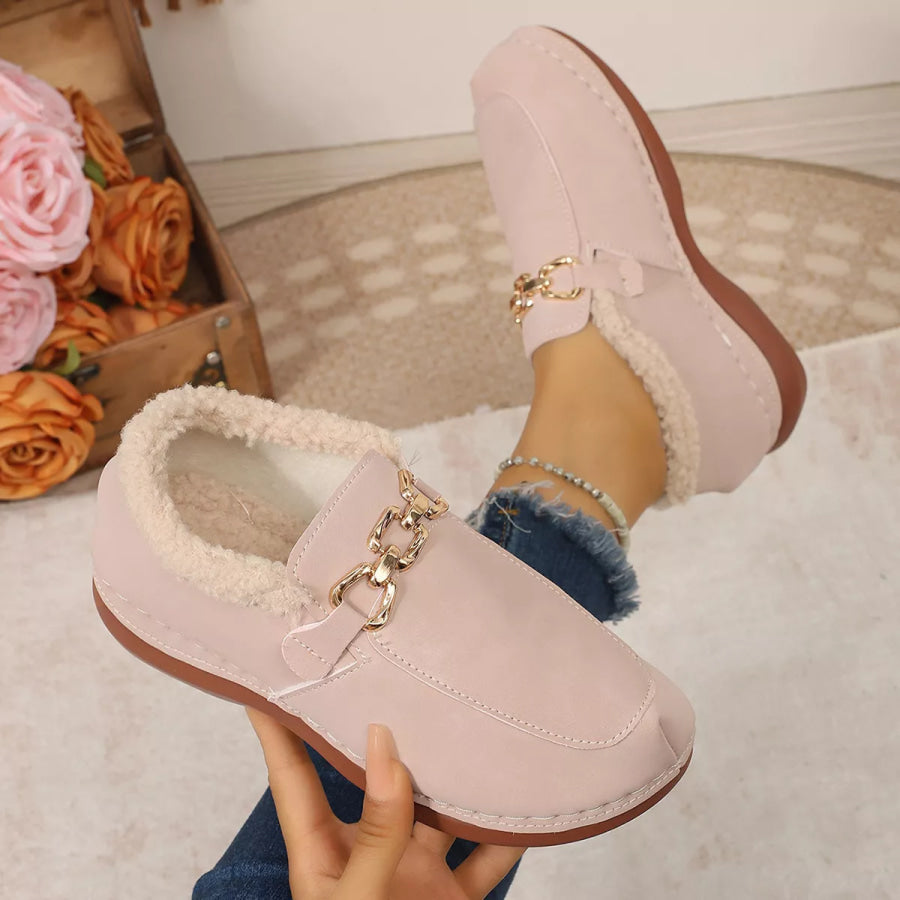 Round Toe Chain Detail Winter Slip-Ons Pink / 36 Apparel and Accessories