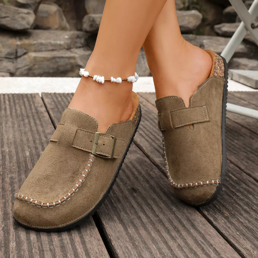Round Toe Flats Sandals Khaki / 36 Apparel and Accessories