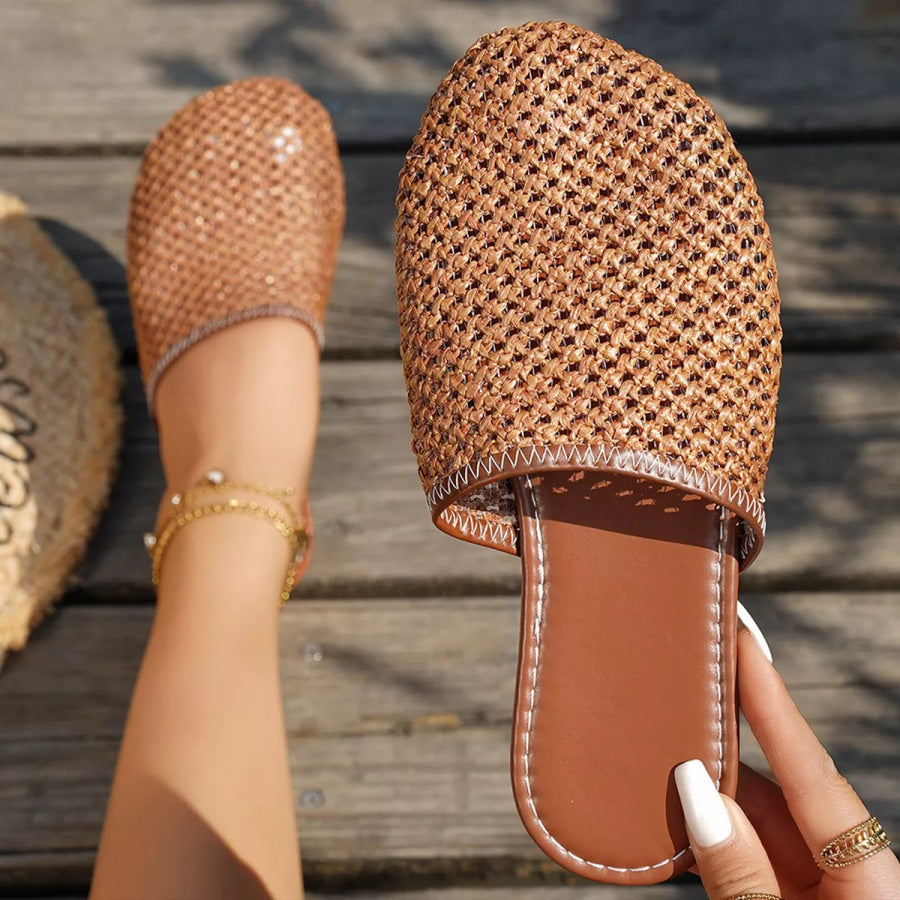 Round Toe Flats Sandals Light Brown / 36 Apparel and Accessories