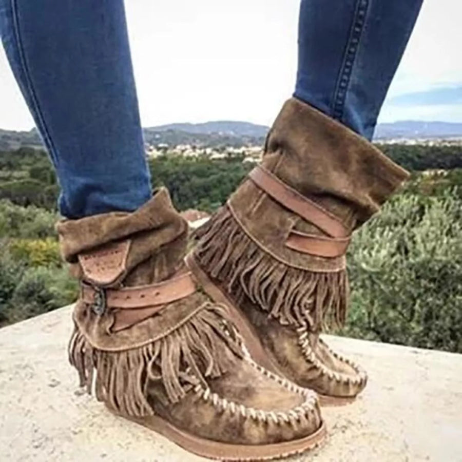 Round Toe Fringe Boots Army Green / 35 Apparel and Accessories