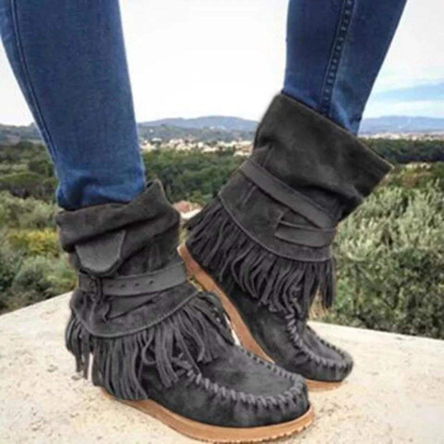 Round Toe Fringe Boots Black / 35 Apparel and Accessories