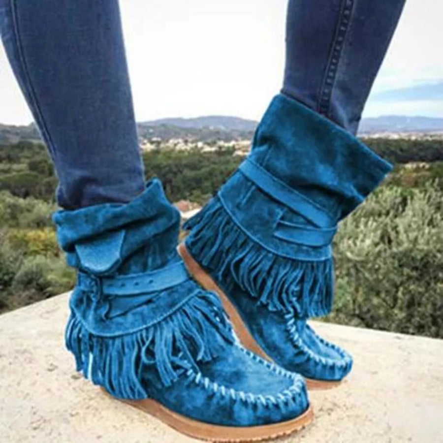 Round Toe Fringe Boots Blue / 35 Apparel and Accessories