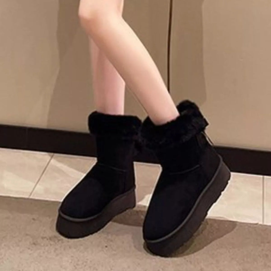 Round Toe Fuzzy Boots Black / 36 Apparel and Accessories